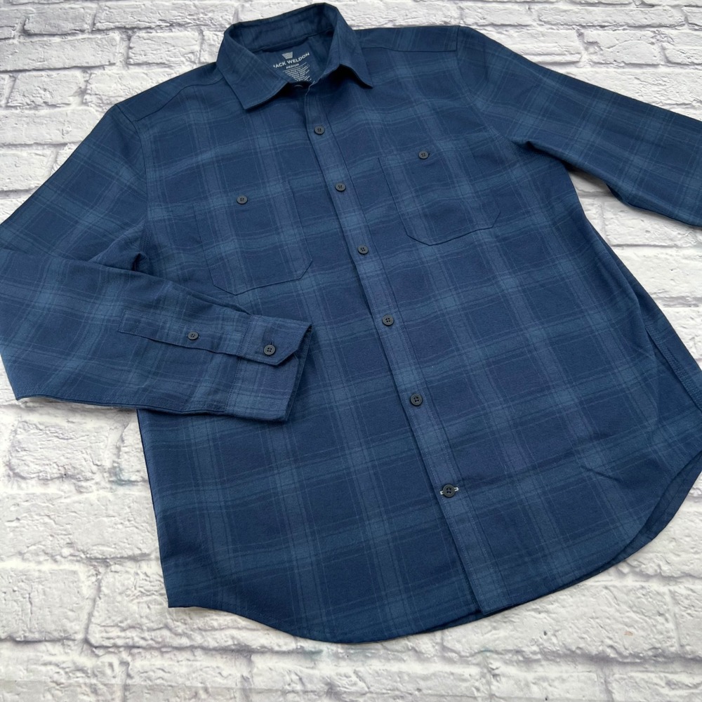 Mack Weldon Mens Medium Dark Blue Plaid Button Up Shirt Merino Wool Blend Daily
